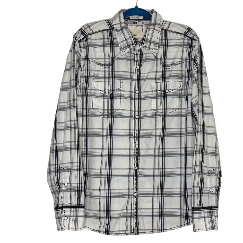 BKE Mens Slim Fit Pearl Snap Western Distressed Shirt Top Plaid L